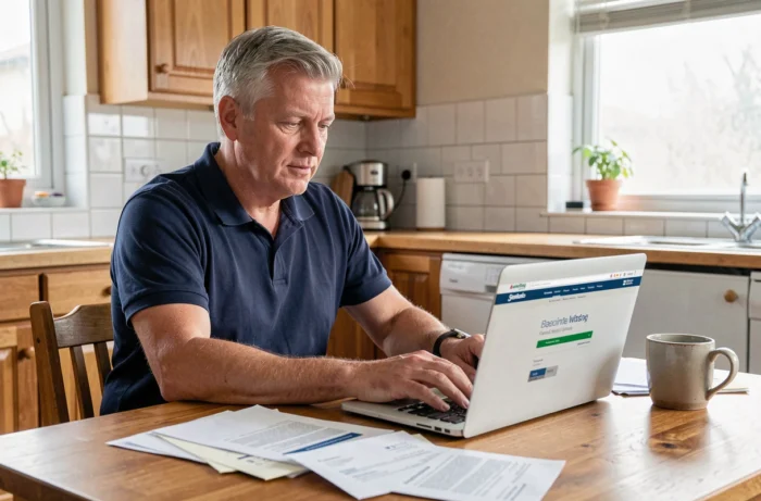 Homme consultant son espace bancaire en ligne pour gérer un dossier de recouvrement La Banque Postale