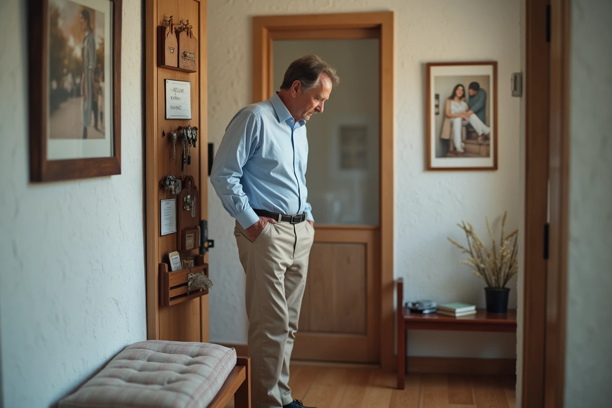 Homme attachant ses chaussures dans une entrée organisée