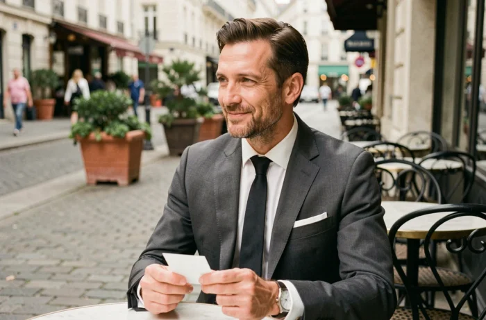 Homme en costume élégant assis à une terrasse parisienne lors d'une occasion festive, personnalité publique québécoise dans un cadre romantique