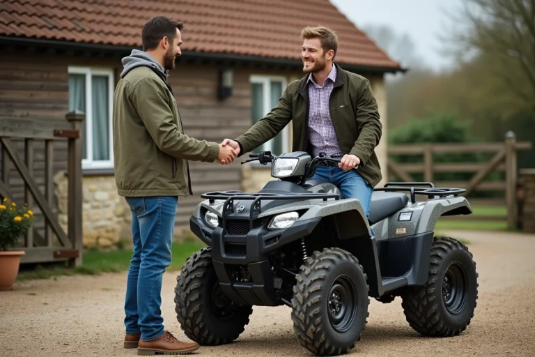 Homme en casual donne des clés à un jeune homme près d'un quad en campagne