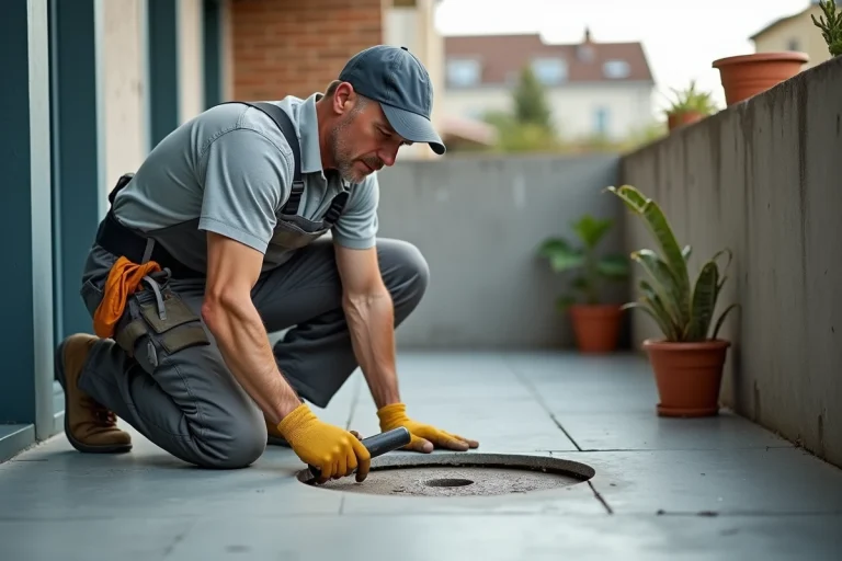 Homme en tenue de travail examine un balcon en béton
