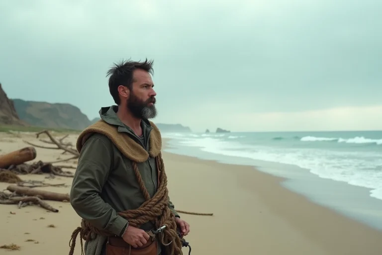 Homme solitaire sur la plage face à l'océan