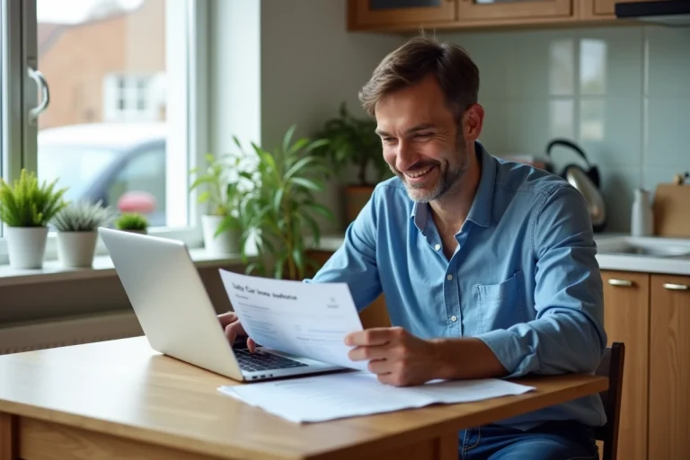 Homme souriant vérifiant ses documents d'assurance voiture à la maison