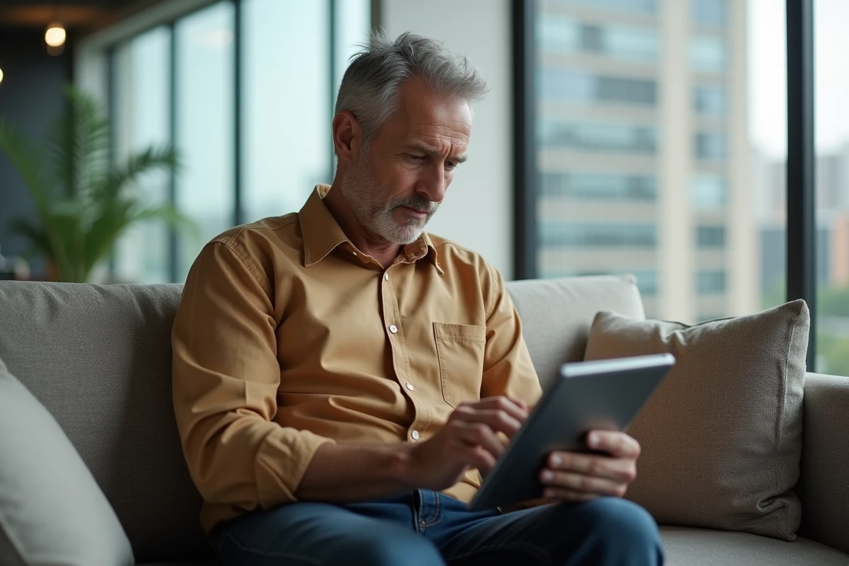 Homme utilisant une tablette dans un bureau lumineux