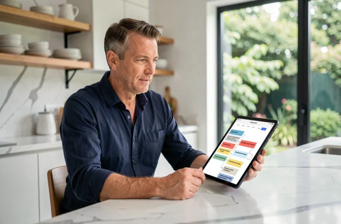 Homme consultant la structure de navigation du site Family 2 Family sur une tablette dans une cuisine moderne