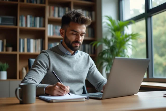 Homme professionnel en télétravail consultant une feuille de route de transformation digitale sur laptop dans un bureau à domicile minimaliste