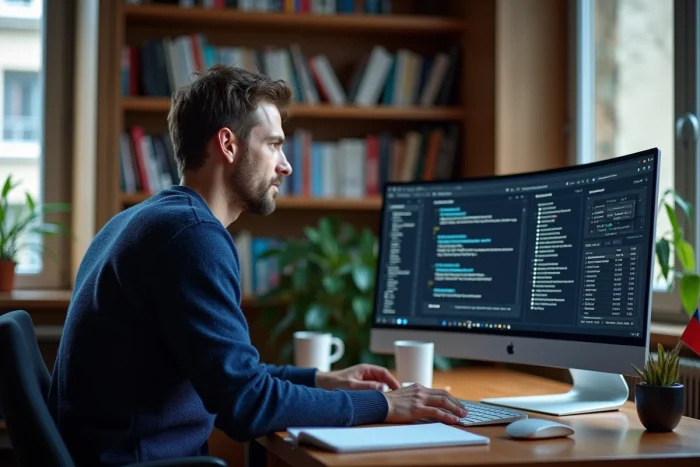 Homme en télétravail testant les fonctionnalités de l'IA française Nation AI sur un grand écran dans un bureau à domicile organisé