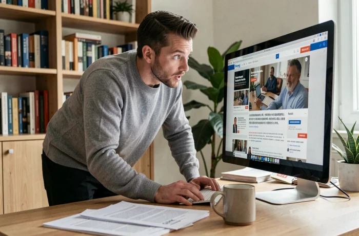 Homme intrigué par des tendances virales en ligne dans son bureau à domicile
