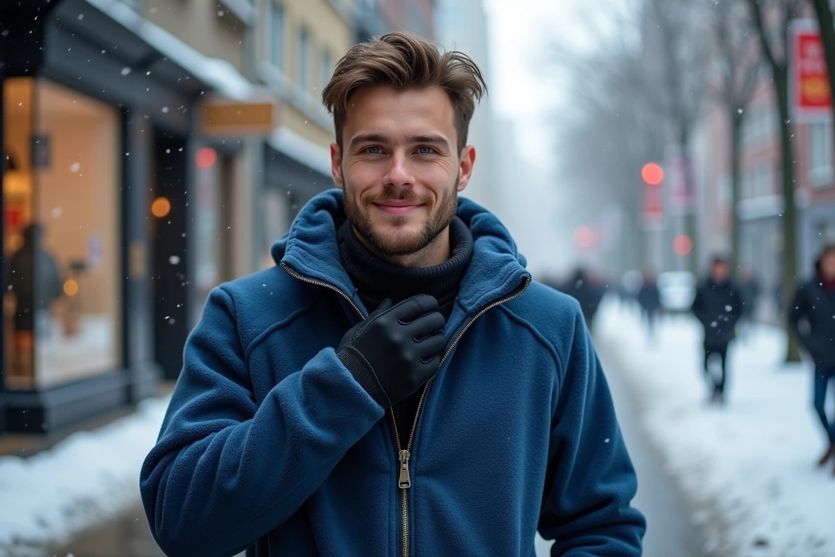 Jeune homme en veste polaire bleue dans la rue enneigee