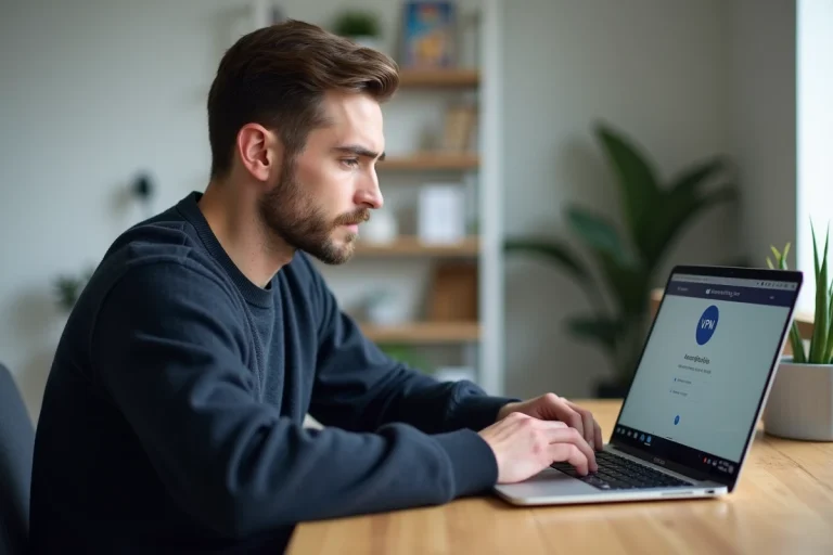 Homme utilisant un VPN sur son ordinateur portable dans un bureau à domicile pour protéger sa vie privée en ligne