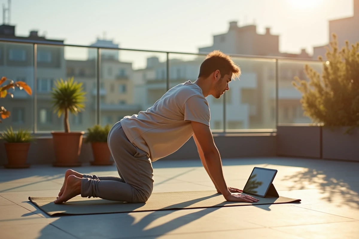 Homme en posture de yoga sur un balcon urbain en plein air