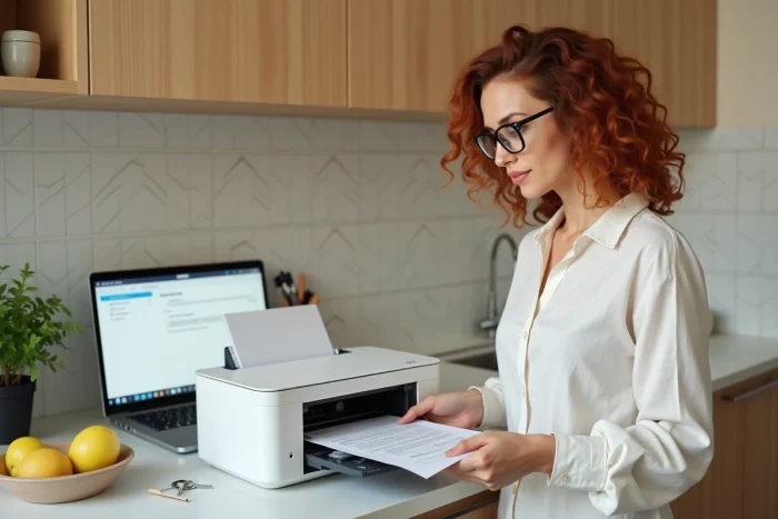 Jeune femme imprimant sa quittance de loyer téléchargée depuis le portail My Foncia