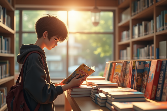 Jeune adulte lisant un manga dans une librairie japonaise lumineuse