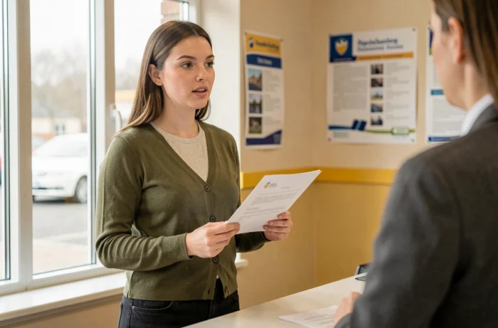 Jeune femme en agence postale présentant un courrier de recouvrement à un conseiller La Banque Postale