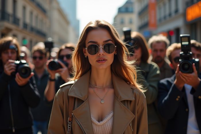 Jeune femme élégante marchant face aux paparazzis en ville