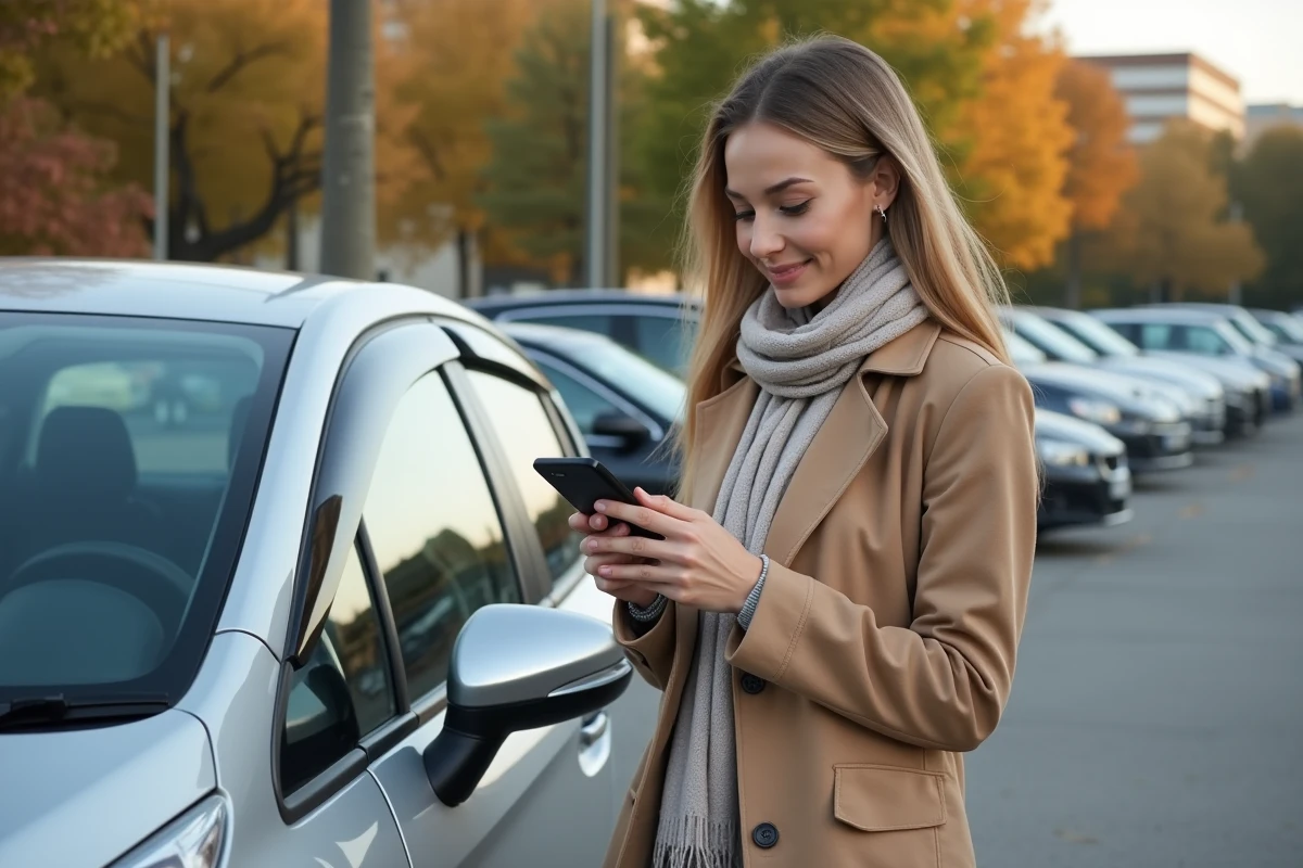 Jeune femme utilisant son smartphone près de sa voiture en extérieur