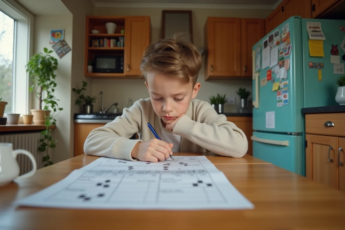 Garcon adolescent regardant un graphique de chimie à la maison