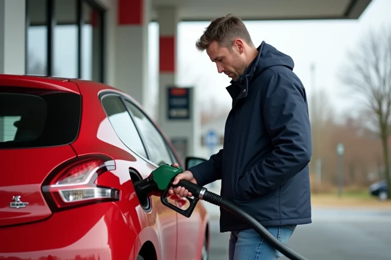 Jeune homme faisant le plein d'une Peugeot 208 GTi en station essence