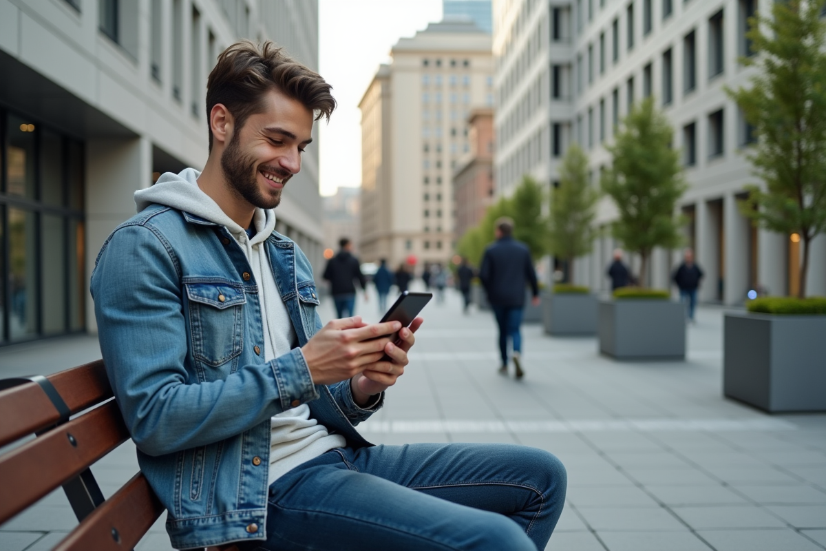 Jeune homme souriant utilisant son smartphone en ville