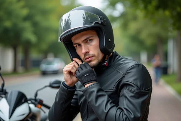 Jeune homme ajustant son casque moto en extérieur