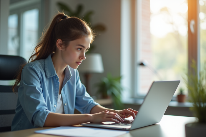 Jeune professionnel utilisant un ordinateur dans un bureau lumineux