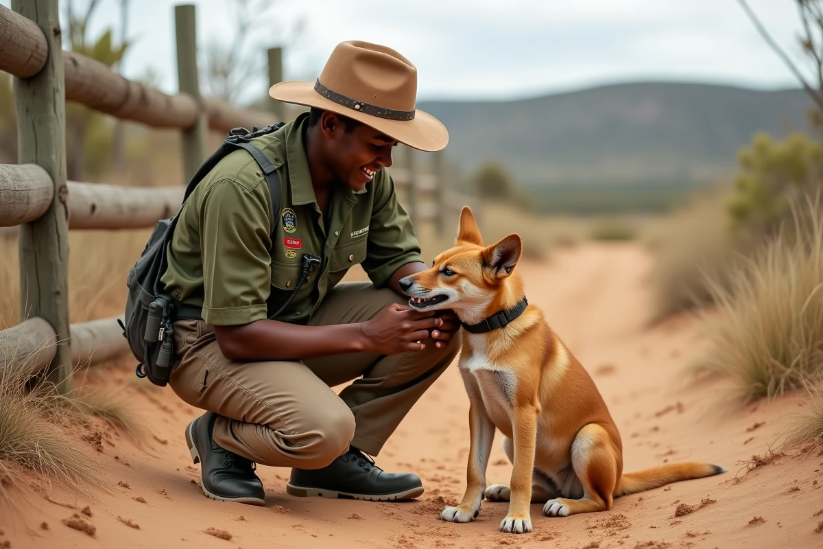 Jeune garde forestier australien avec un chiot dingo en pleine action