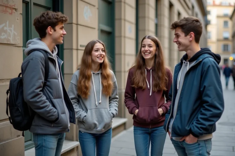 Jeunes français discutant dans la rue en ville