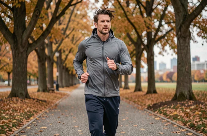Homme faisant du jogging en plein air dans un parc en automne pour prendre soin de sa santé et de son bien-être
