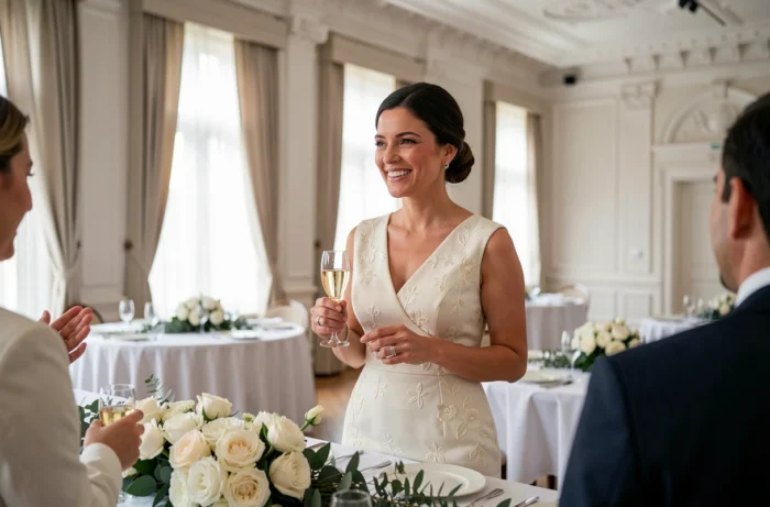 Journaliste élégante en robe ivoire lors d'une réception de mariage dans une salle de réception classique parisienne avec décoration florale