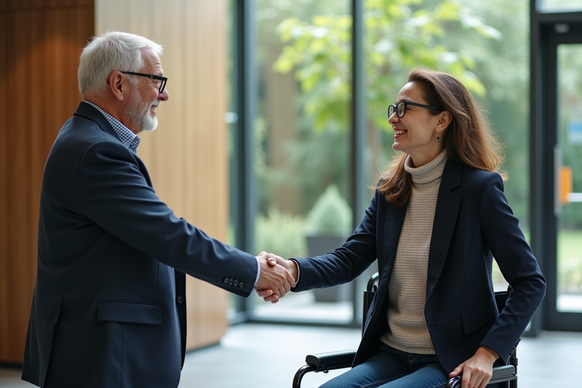 Employe agee en fauteuil serrant la main d une jeune femme souriante