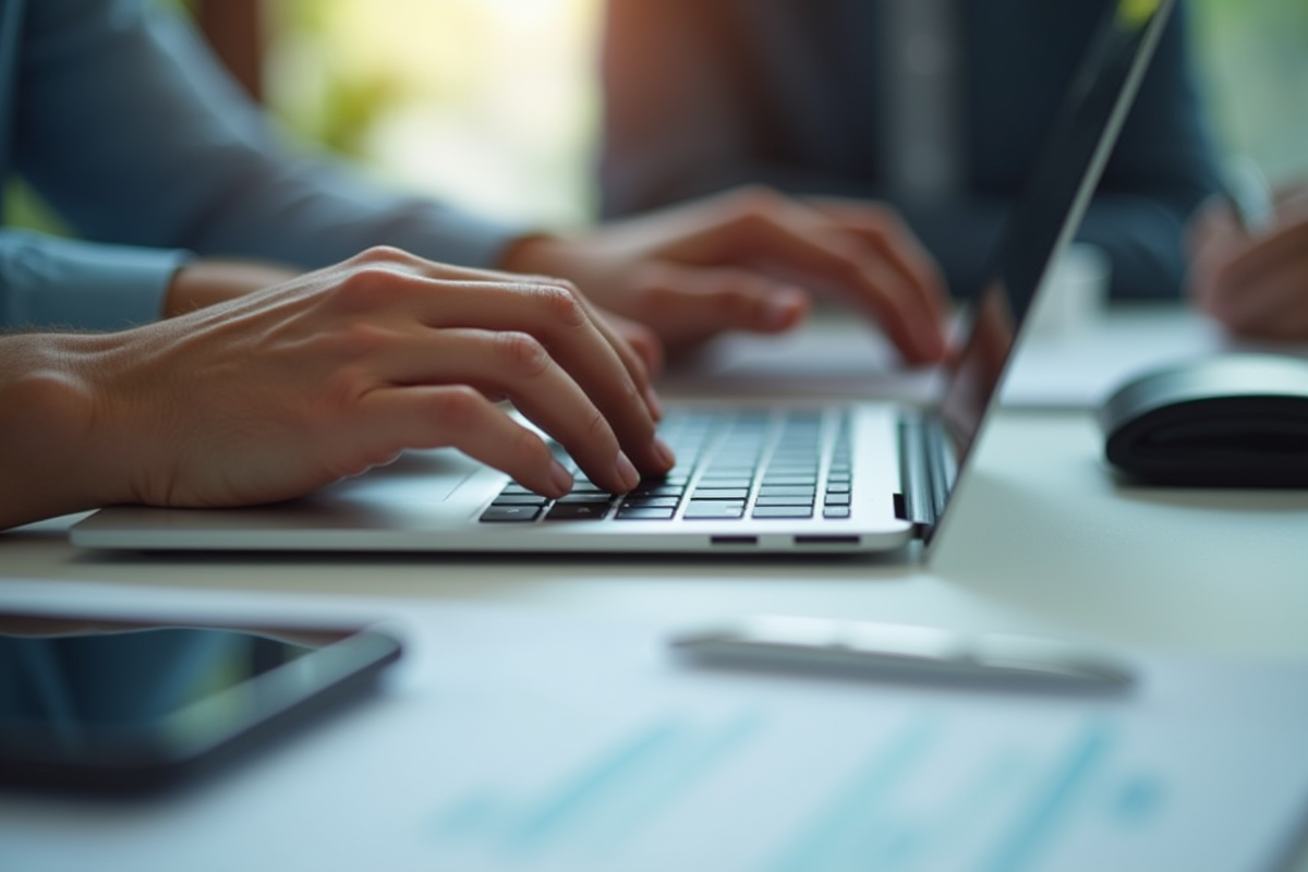 Mains tapant sur un clavier avec documents juridiques