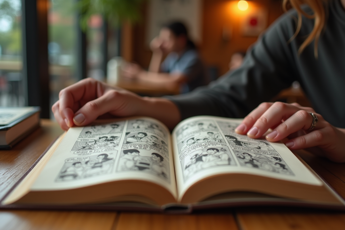 Mains tenant un manga ouvert dans un café urbain cosy