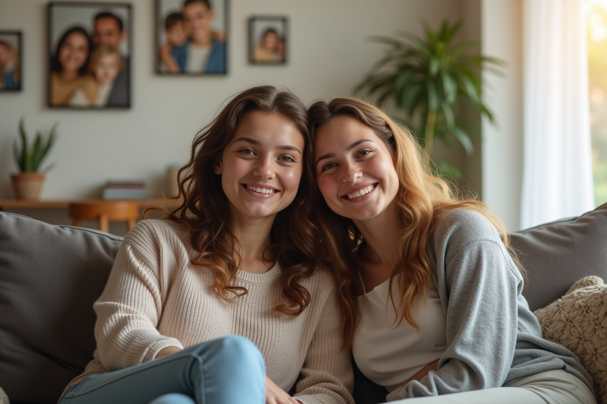 Maman et fille souriantes assises dans le salon en famille