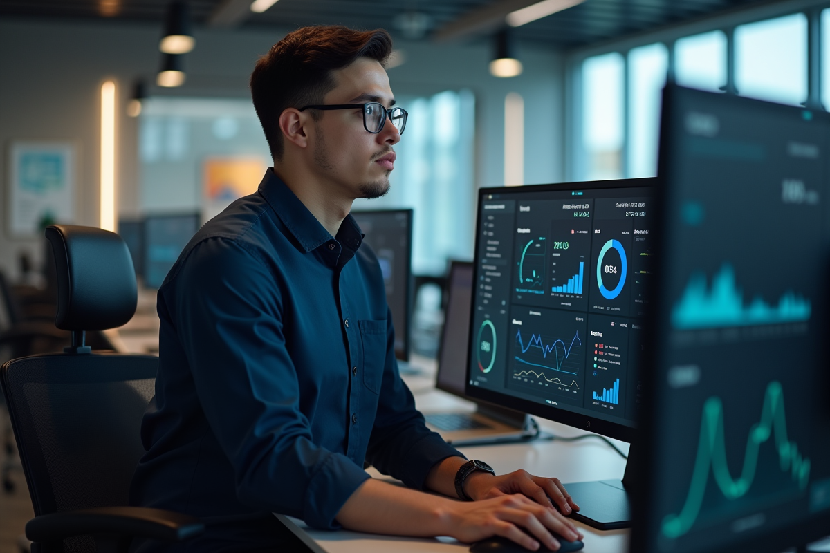 Jeune manager informatique utilisant plusieurs écrans en hightech