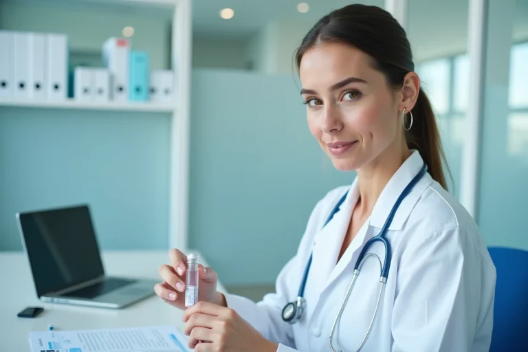 Medecin femme en laboratoire avec fiole et dossier