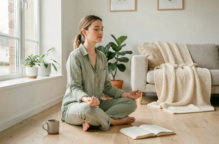 Femme pratiquant la méditation matinale dans un salon minimaliste pour améliorer son bien-être quotidien