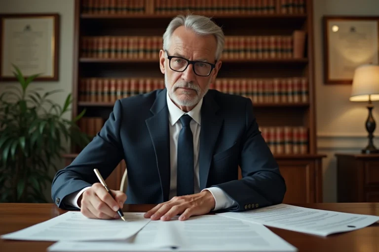 Notaire en costume marine consultant des documents de rachat de part immobilière dans son étude
