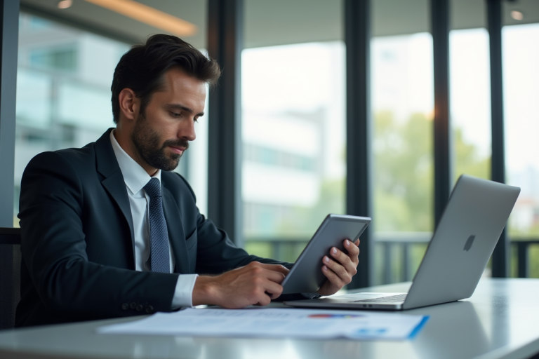 Professionnel utilisant une tablette dans un bureau moderne