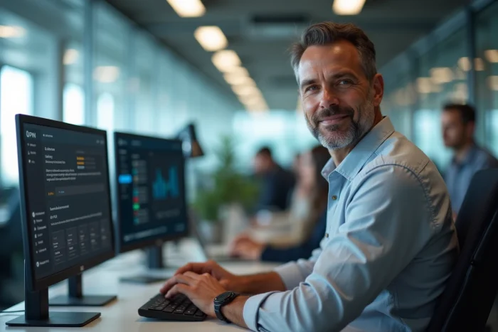 Professionnel configurant un VPN sur son poste de travail en entreprise pour protéger la confidentialité de sa navigation