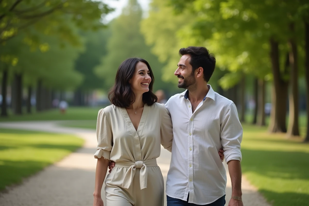 Femme et homme marchant dans un parc en discutant