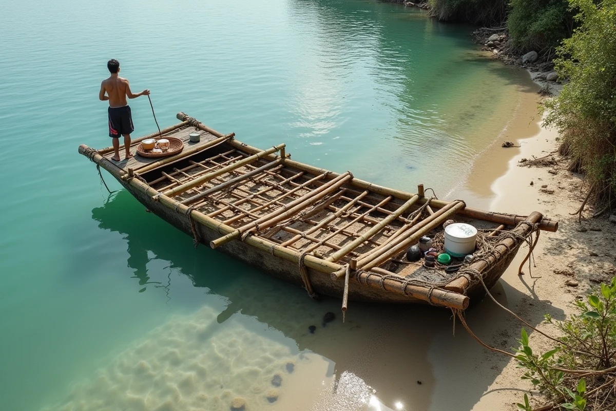 Radeau artisanal flottant près d