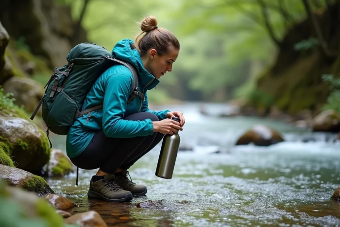 Randonneuse se ravitaillant en eau au bord d'un ruisseau dans les gorges de la Nive près d'Itxassou au Pays Basque
