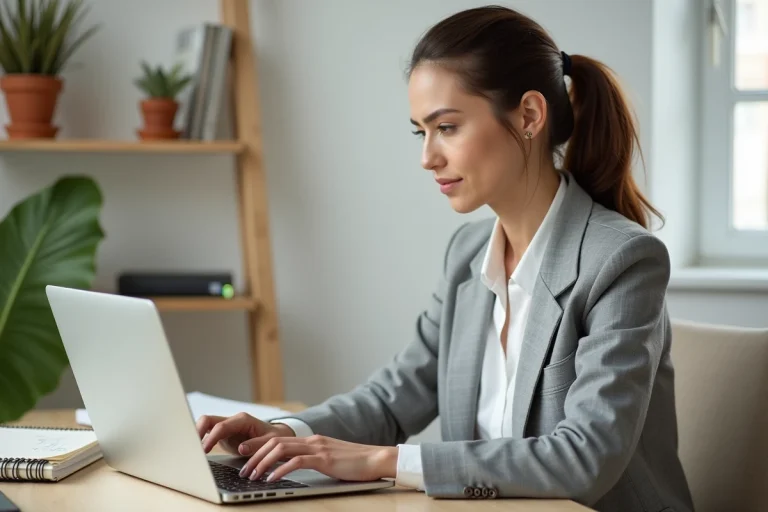 Rédactrice web professionnelle travaillant sur son ordinateur portable dans un bureau à domicile moderne