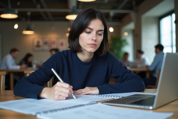 Rédactrice web analysant une stratégie de contenu SEO dans un espace de coworking
