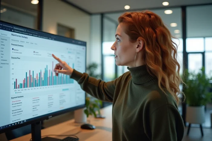 Rédactrice web présentant des résultats de visibilité en ligne sur un tableau de bord analytique