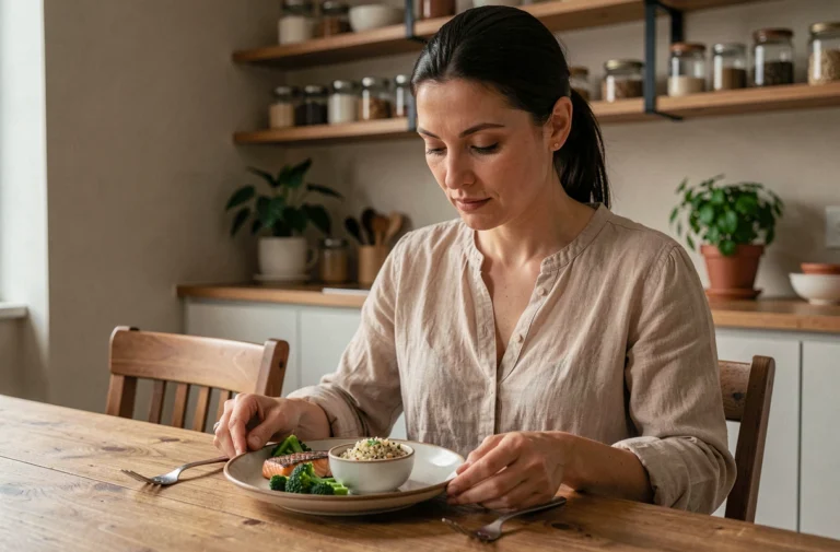 Femme préparant un repas du soir équilibré en chrononutrition avec du saumon grillé et des légumes dans une cuisine moderne