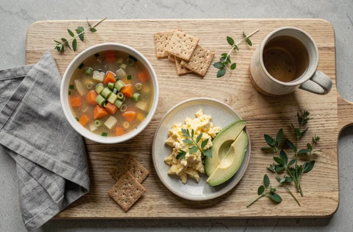 Vue aérienne d'un repas du soir chrononutrition avec soupe de légumes, œufs brouillés et avocat sur une table en bois clair