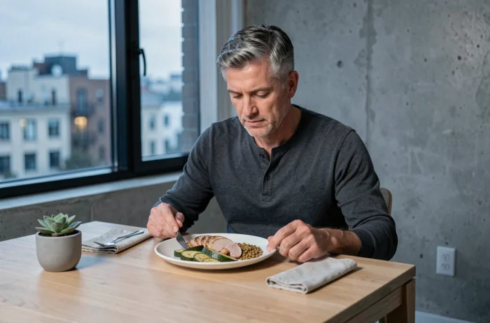 Homme dégustant un repas du soir chrononutrition à base de dinde et légumes dans un appartement contemporain