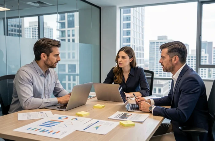 Équipe de professionnels analysant les tendances et informations clés du secteur lors d'une réunion stratégique en salle de conférence