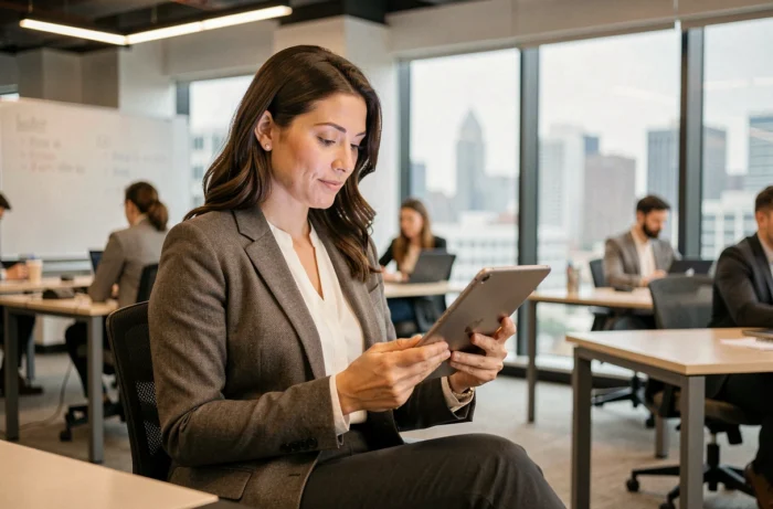 Femme professionnelle consultant les dernières tendances du secteur sur une tablette numérique dans un espace de coworking moderne